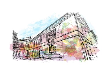 Print Building view with landmark of Oldenburg is a city in northwest Germany. Watercolor splash with hand drawn sketch illustration in vector.