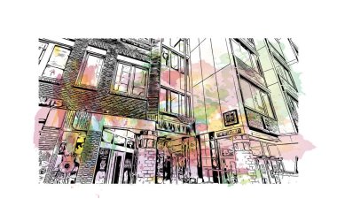 Print Building view with landmark of Oldenburg is a city in northwest Germany. Watercolor splash with hand drawn sketch illustration in vector.