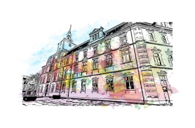 Print Building view with landmark of Oldenburg is a city in northwest Germany. Watercolor splash with hand drawn sketch illustration in vector.
