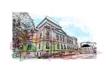 Print Building view with landmark of Oldenburg is a city in northwest Germany. Watercolor splash with hand drawn sketch illustration in vector.