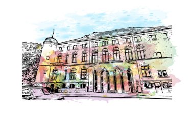 Print Building view with landmark of Oldenburg is a city in northwest Germany. Watercolor splash with hand drawn sketch illustration in vector.