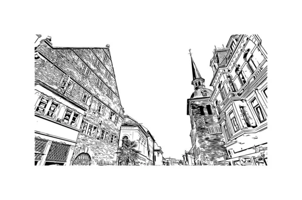 Print Building view with landmark of Oldenburg is a city in northwest Germany. Hand drawn sketch illustration in vector.