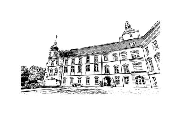 Print Building View Landmark Oldenburg City Northwest Germany Hand Drawn — Vetor de Stock