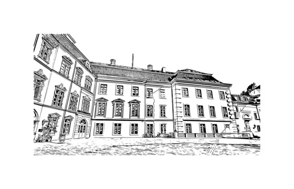 Print Building View Landmark Oldenburg City Northwest Germany Hand Drawn — Archivo Imágenes Vectoriales