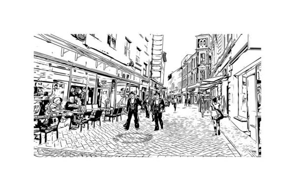 Print Building view with landmark of Oldenburg is a city in northwest Germany. Hand drawn sketch illustration in vector.