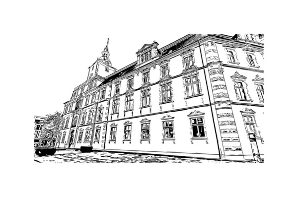 Print Building View Landmark Oldenburg City Northwest Germany Hand Drawn — Vetor de Stock