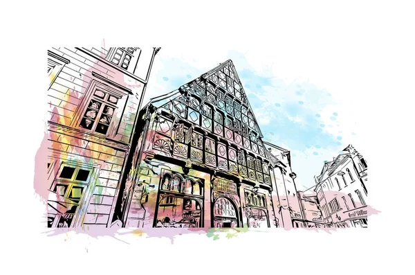 Print Building View Landmark Oldenburg City Northwest Germany Watercolor Splash — ストックベクタ