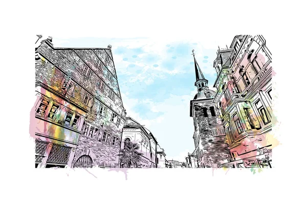 Print Building view with landmark of Oldenburg is a city in northwest Germany. Watercolor splash with hand drawn sketch illustration in vector.