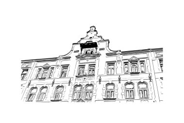 Print Building view with landmark of Olomouc is the city in Czech Republic. Vektörde elle çizilmiş çizim çizimi.