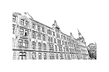 Print Building view with landmark of Olomouc is the city in Czech Republic. Vektörde elle çizilmiş çizim çizimi.