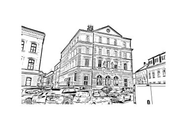Print Building view with landmark of Olomouc is the city in Czech Republic. Vektörde elle çizilmiş çizim çizimi.