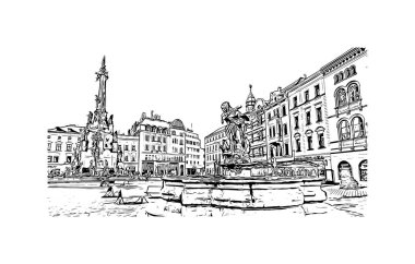 Print Building view with landmark of Olomouc is the city in Czech Republic. Vektörde elle çizilmiş çizim çizimi.