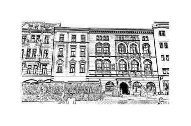 Print Building view with landmark of Olomouc is the city in Czech Republic. Vektörde elle çizilmiş çizim çizimi.