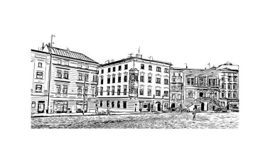 Print Building view with landmark of Olomouc is the city in Czech Republic. Vektörde elle çizilmiş çizim çizimi.