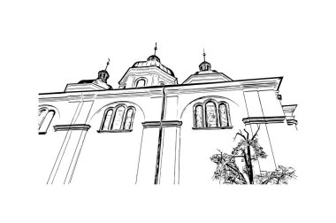 Print Building view with landmark of Olomouc is the city in Czech Republic. Vektörde elle çizilmiş çizim çizimi.