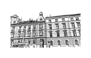 Print Building view with landmark of Olomouc is the city in Czech Republic. Vektörde elle çizilmiş çizim çizimi.