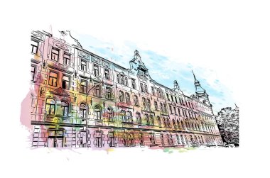 Print Building view with landmark of Olomouc is the city in Czech Republic. Watercolor splash with hand drawn sketch illustration in vector.