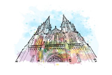 Print Building view with landmark of Olomouc is the city in Czech Republic. Watercolor splash with hand drawn sketch illustration in vector.