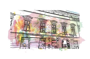 Print Building view with landmark of Olomouc is the city in Czech Republic. Watercolor splash with hand drawn sketch illustration in vector.