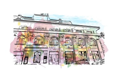 Print Building view with landmark of Olomouc is the city in Czech Republic. Watercolor splash with hand drawn sketch illustration in vector.