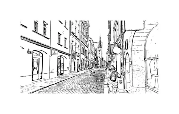 Print Gebouwenzicht Met Oriëntatiepunt Olomouc Stad Tsjechië Handgetekende Schets Illustratie — Stockvector