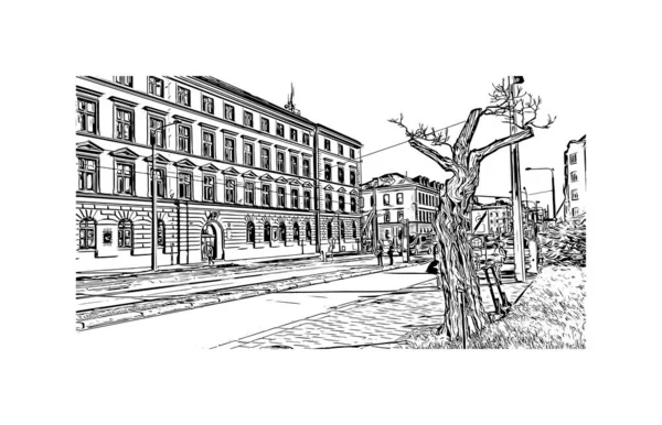 Imprimir Vista Para Edifício Com Marco Olomouc Cidade República Checa — Vetor de Stock
