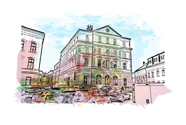 Print Building View Landmark Olomouc City Czech Republic Watercolor Splash — Stockvektor