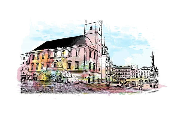 Print Building View Landmark Olomouc City Czech Republic Watercolor Splash — стоковый вектор