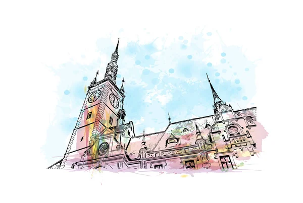 Print Building View Landmark Olomouc City Czech Republic Watercolor Splash — Vetor de Stock