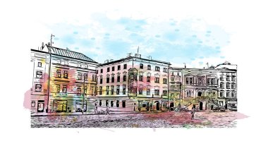 Print Building view with landmark of Olomouc is the city in Czech Republic. Watercolor splash with hand drawn sketch illustration in vector.
