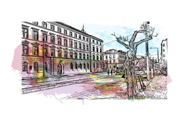 Print Building view with landmark of Olomouc is the city in Czech Republic. Watercolor splash with hand drawn sketch illustration in vector.