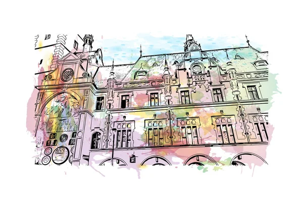 Print Building View Landmark Olomouc City Czech Republic Watercolor Splash — Stock vektor
