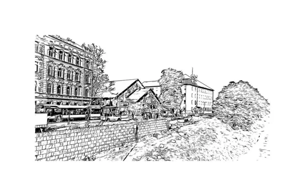 印刷オロモウツのランドマークと建物の景色は チェコ共和国の街です 手描きのスケッチ図ベクトル — ストックベクタ