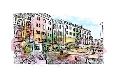 Print Building view with landmark of Olomouc is the city in Czech Republic. Vektör içinde suluboya sıçrama ve çizim çizimi.