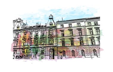 Print Building view with landmark of Olomouc is the city in Czech Republic. Vektör içinde suluboya sıçrama ve çizim çizimi.
