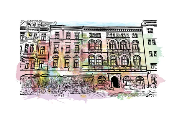 Print Building View Landmark Olomouc Staden Tjeckien Akvarell Stänk Med — Stock vektor