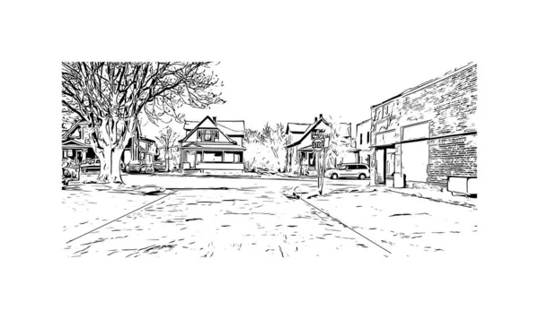 印刷オマハのランドマークとビルのビューは ネブラスカ州の都市です 手描きのスケッチ図ベクトル — ストックベクタ