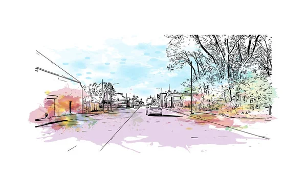 Print Building view with landmark of Omaha is the city in Nebraska. Vektörde elle çizilmiş resim ile suluboya sıçraması.