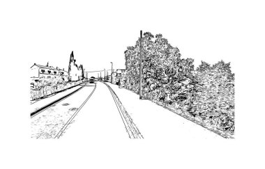 Opatija 'nın tarihi yapısına sahip Print Building Hırvatistan' da yer alıyor. Vektörde elle çizilmiş çizim çizimi.