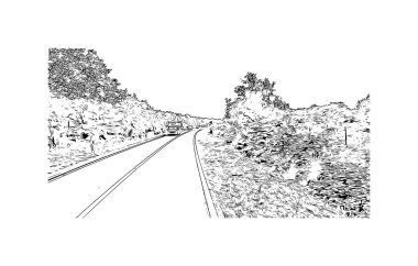 Opatija 'nın tarihi yapısına sahip Print Building Hırvatistan' da yer alıyor. Vektörde elle çizilmiş çizim çizimi.