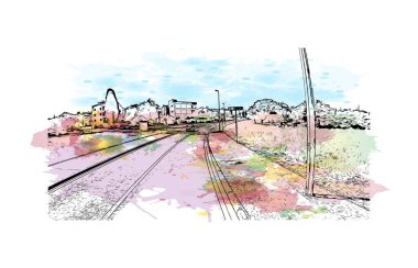 Opatija 'nın tarihi yapısına sahip Print Building Hırvatistan' da yer alıyor. Vektörde elle çizilmiş resim ile suluboya sıçraması.