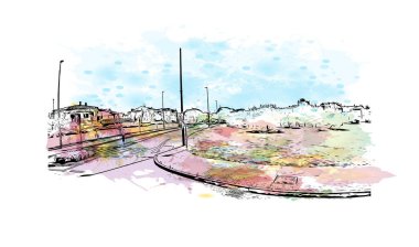 Opatija 'nın tarihi yapısına sahip Print Building Hırvatistan' da yer alıyor. Vektörde elle çizilmiş resim ile suluboya sıçraması.