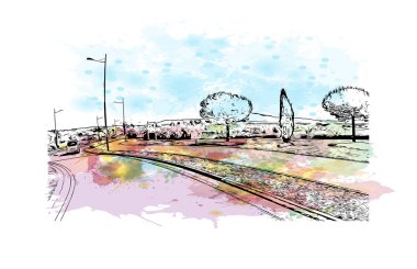 Opatija 'nın tarihi yapısına sahip Print Building Hırvatistan' da yer alıyor. Vektörde elle çizilmiş resim ile suluboya sıçraması.