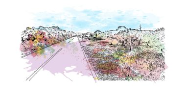 Opatija 'nın tarihi yapısına sahip Print Building Hırvatistan' da yer alıyor. Vektörde elle çizilmiş resim ile suluboya sıçraması.