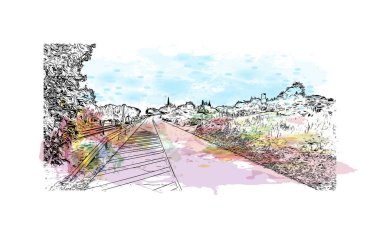 Opatija 'nın tarihi yapısına sahip Print Building Hırvatistan' da yer alıyor. Vektörde elle çizilmiş resim ile suluboya sıçraması.