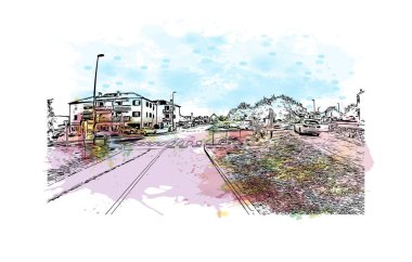 Opatija 'nın tarihi yapısına sahip Print Building Hırvatistan' da yer alıyor. Vektörde elle çizilmiş resim ile suluboya sıçraması.