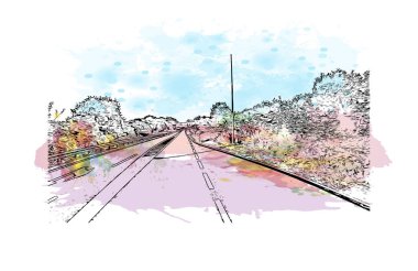 Opatija 'nın tarihi yapısına sahip Print Building Hırvatistan' da yer alıyor. Vektörde elle çizilmiş resim ile suluboya sıçraması.