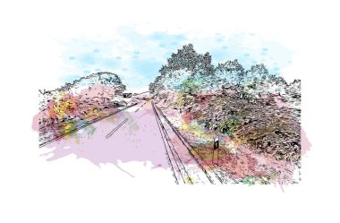 Opatija 'nın tarihi yapısına sahip Print Building Hırvatistan' da yer alıyor. Vektörde elle çizilmiş resim ile suluboya sıçraması.