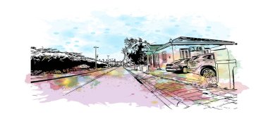 Print Building view with landmark of Oranjestad is capital of Aruba. Vektörde elle çizilmiş resim ile suluboya sıçraması.