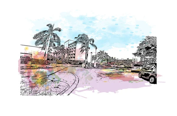 Drukuj Widok Budynku Znakiem Rozpoznawczym Oranjestad Jest Stolicą Aruby Akwarela — Wektor stockowy